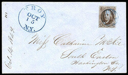 1847, 5¢ brown. Full even margins and deep rich color, tied by blue ...