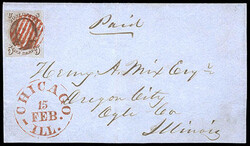 1847, 5¢ red brown. Four large even margins, tied by bold red ...