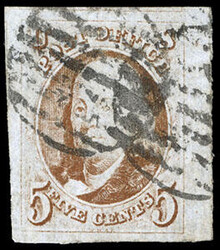 1847, 5¢ orange brown. Ridgeway Russet Brown Shade, enormous margins ...