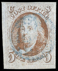 1847, 5¢ red orange, dot in "S" in upper right corner. Bottom left ...