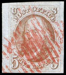 1847, 5¢ red orange. Left margin single, red grid cancels, full ...