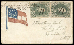 Confederacy, 1861, 5¢ green. Two singles, one with light creases, ...