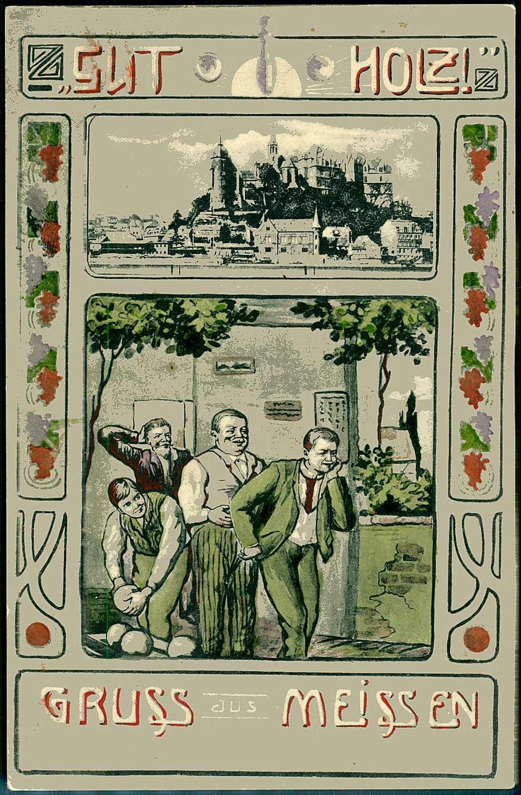 Mehrfarbige Grußkarte mit Keglern-Gutholz, gelaufen, Erhaltung siehe ...