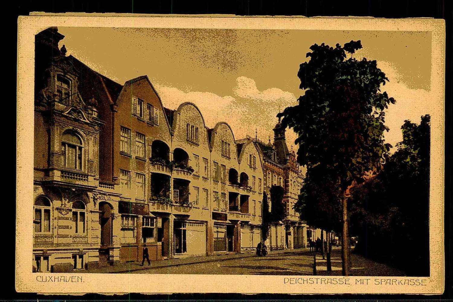 Cuxhaven, Deichstraße mit Sparkasse, ungebraucht, rs. ...