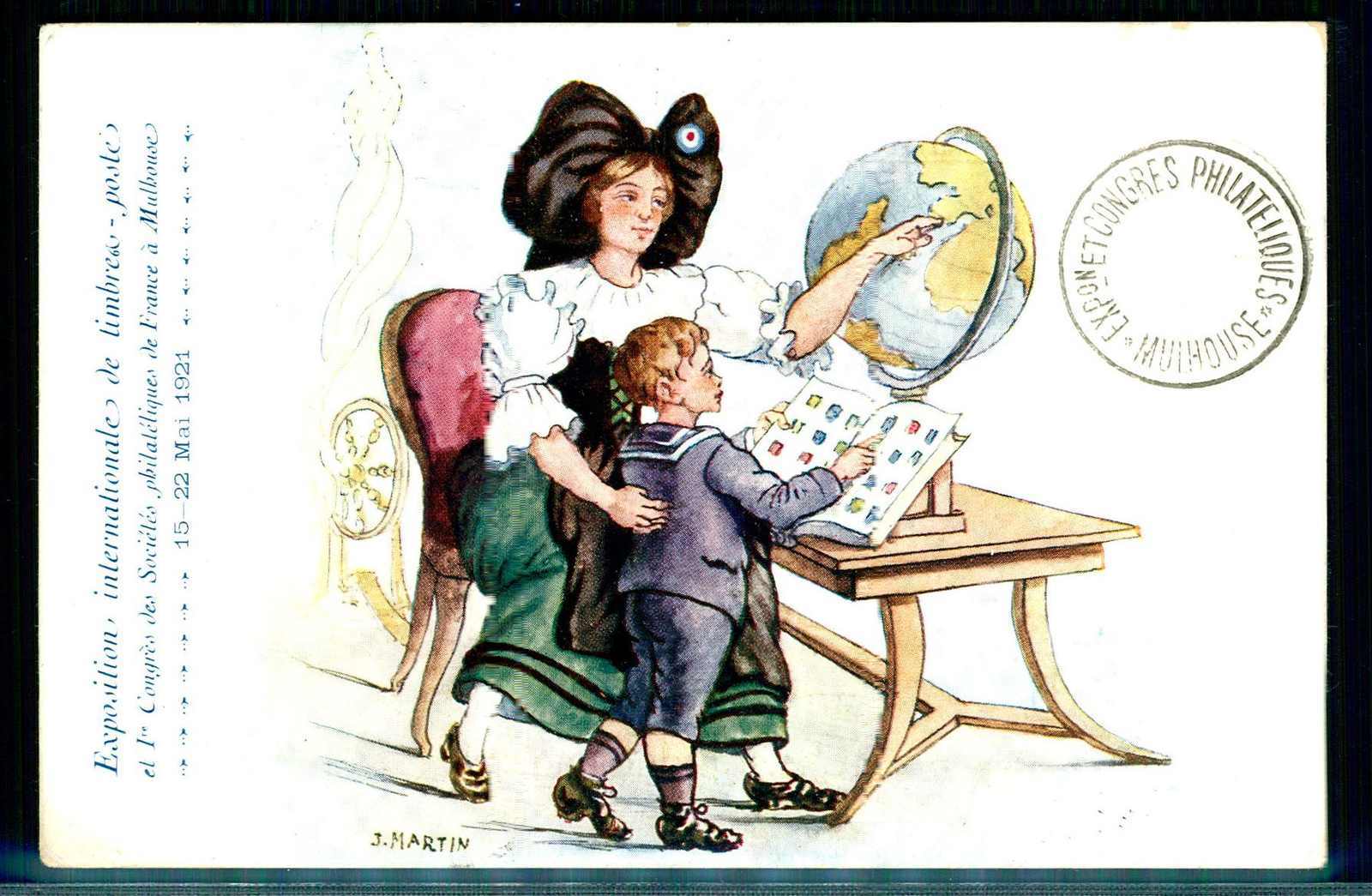 Mehrfarbige Werbekarte zur Briefmarkenausstellung Frankreich Mai 1921 ...