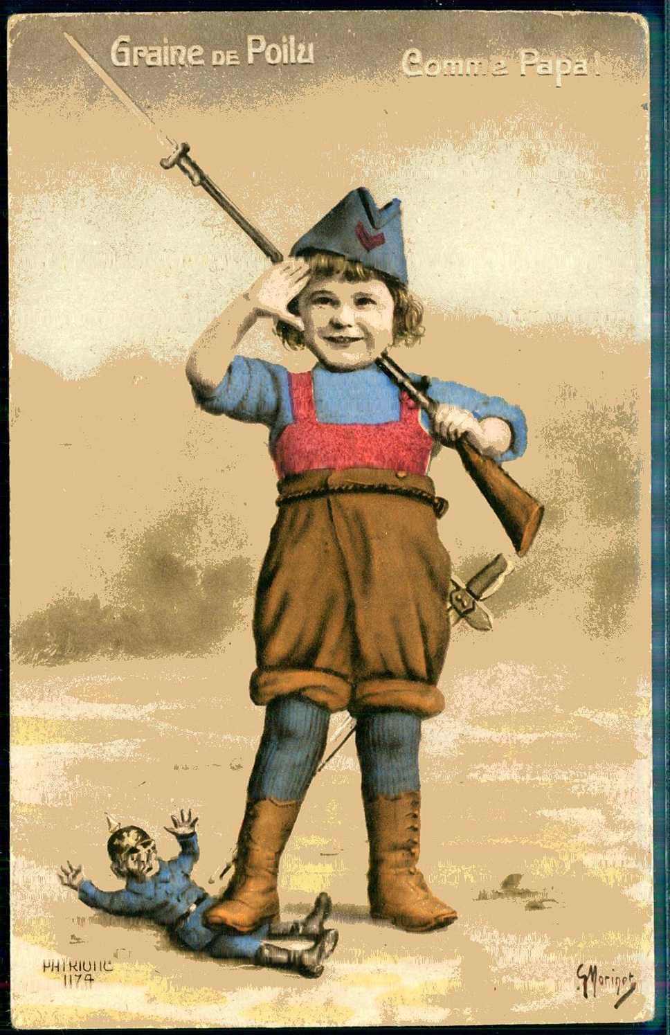 Antideutsche Propagandakarte, kl. Kind tritt auf deutschen Soldaten ...