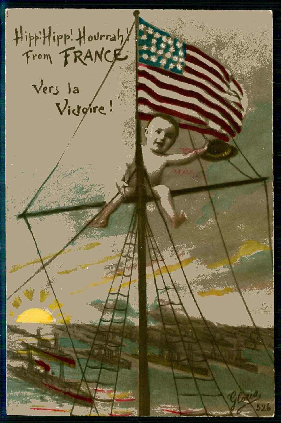 Patriotische Karte, Kleinkind auf dem Masten mit US-Flagge, im ...