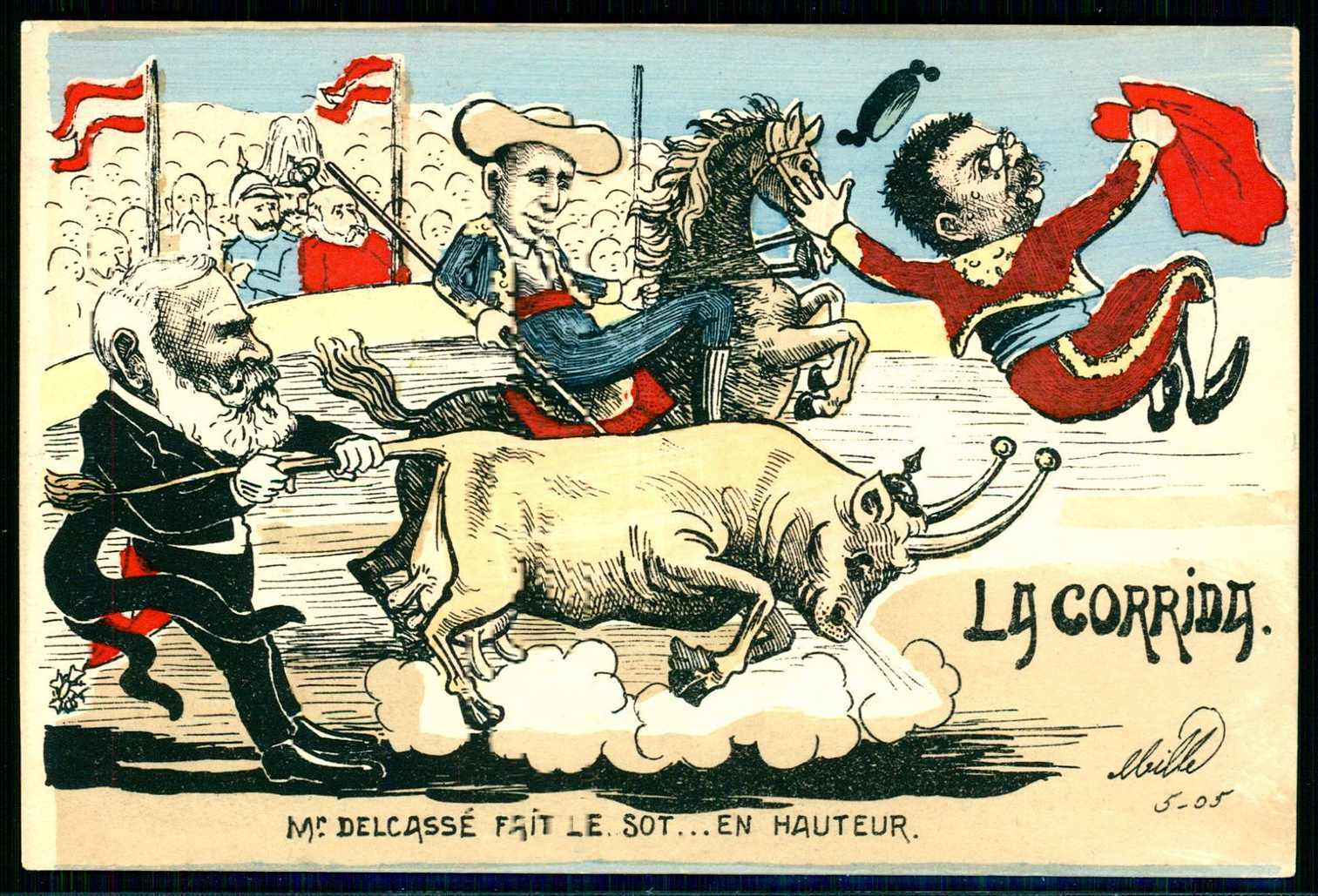 Satirekarte 'la corrina - mr. delcasse fait le sot ... en hauteur', ...