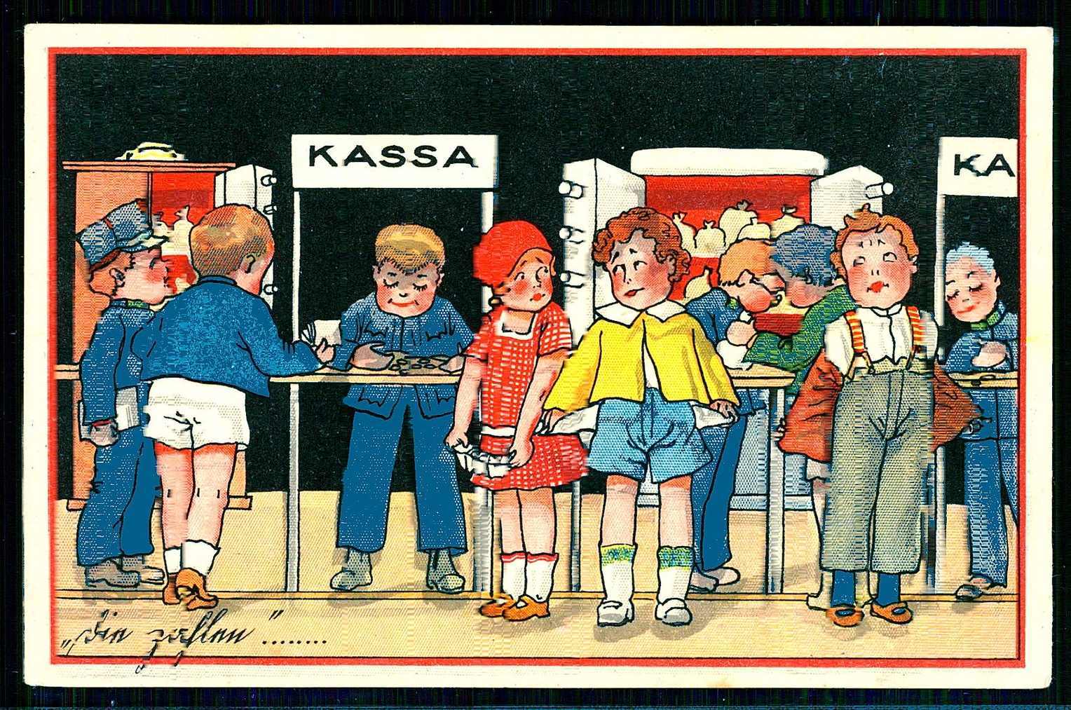 Humor-Karte 'Leere Taschen', Kinder vor symbolischem Bankschalter, um ...