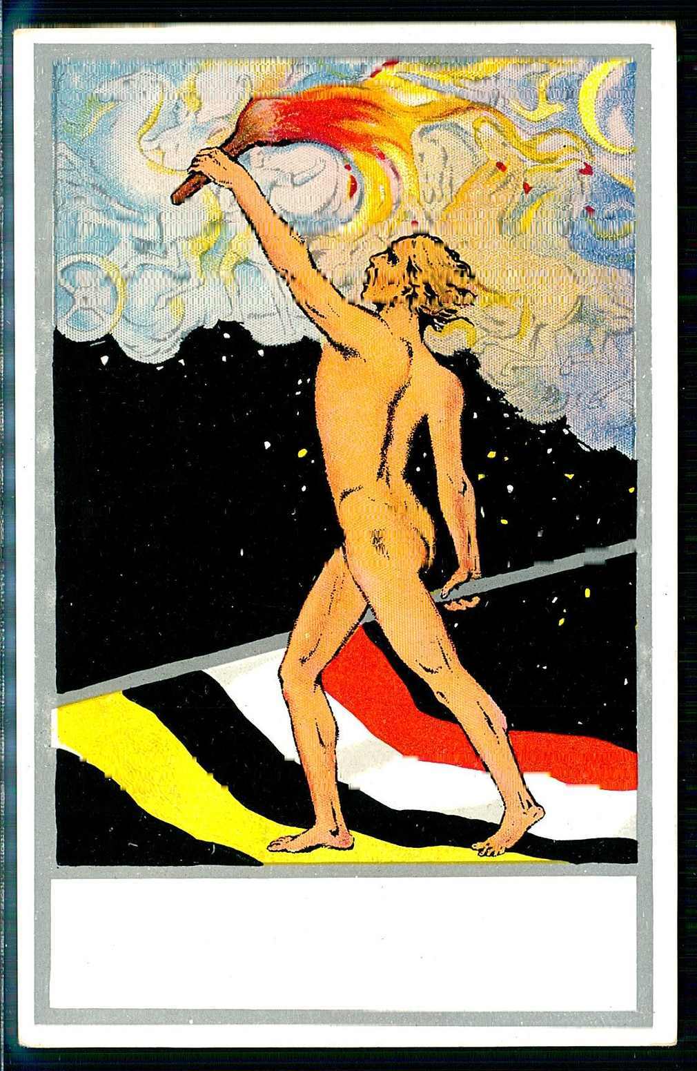 Patriotische Kunst-Karte, nackter Fackelläufer mit Fahne, um 1900, ...