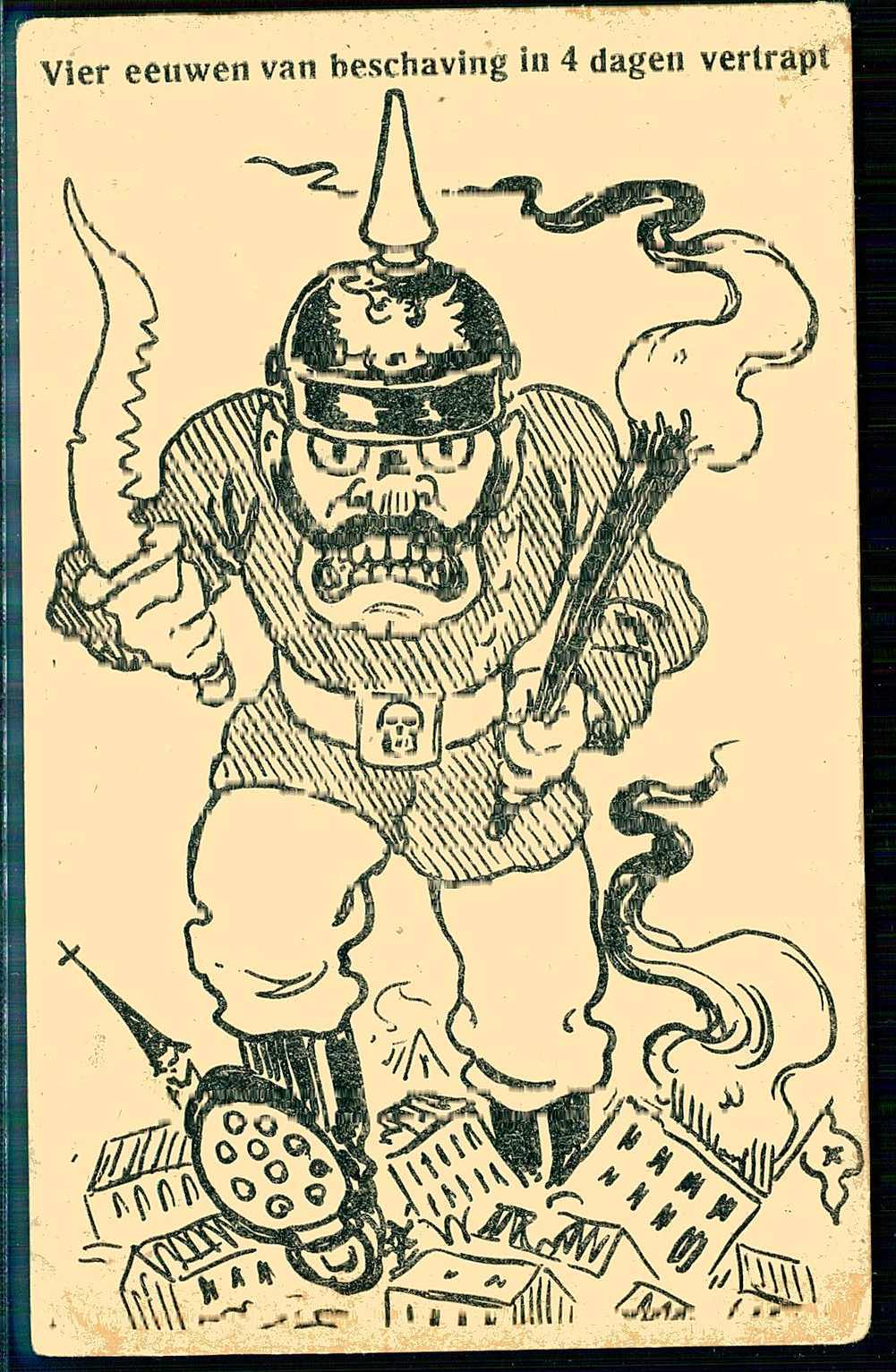 Antideutsche Propagandakarte, deutscher Soldat mit Säbel und Fackel ...