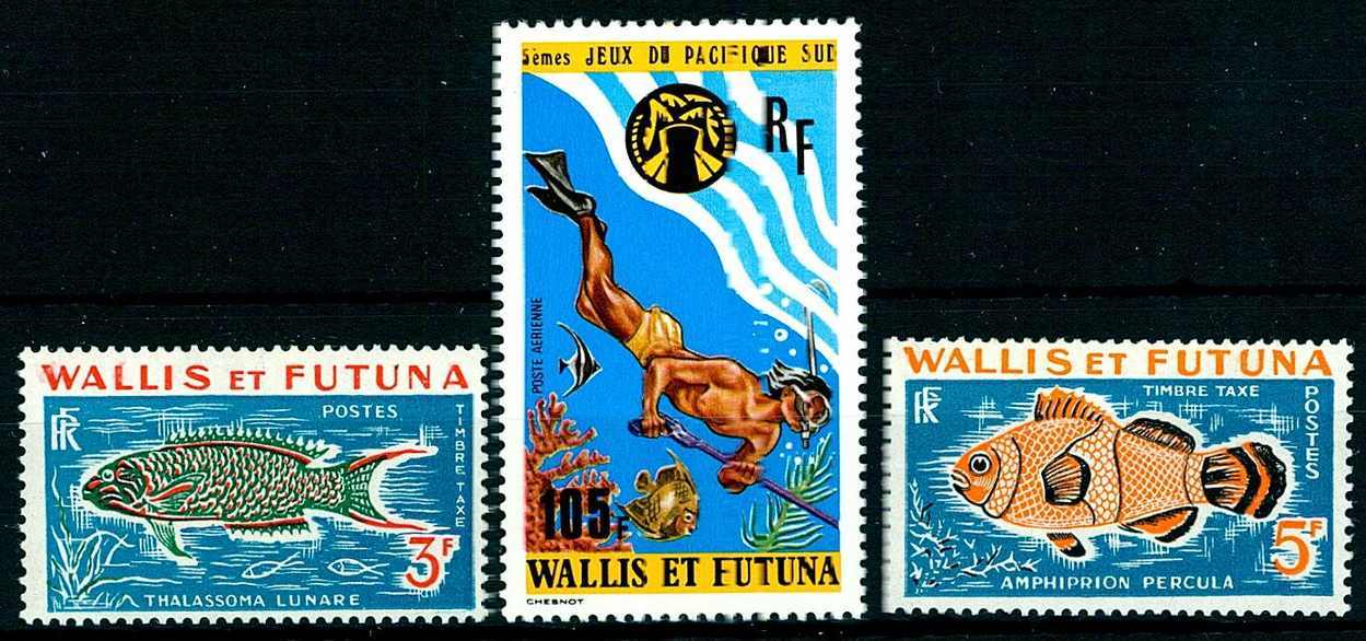 1975, 105 Fr. Tauchen und 3 Fr. sowie 5 Fr. Fische-Dienstmarken.