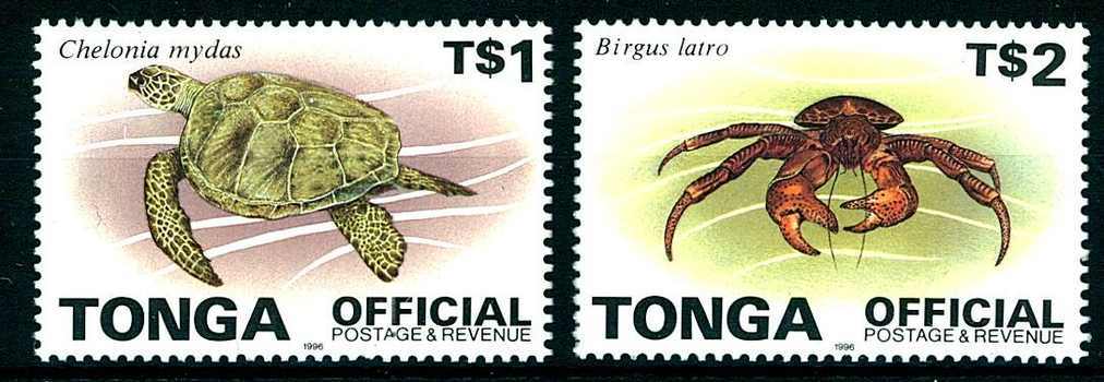 1996, 1 T. $ Schildkröte und 2 T. $ Palmendieb, turtle, crab.