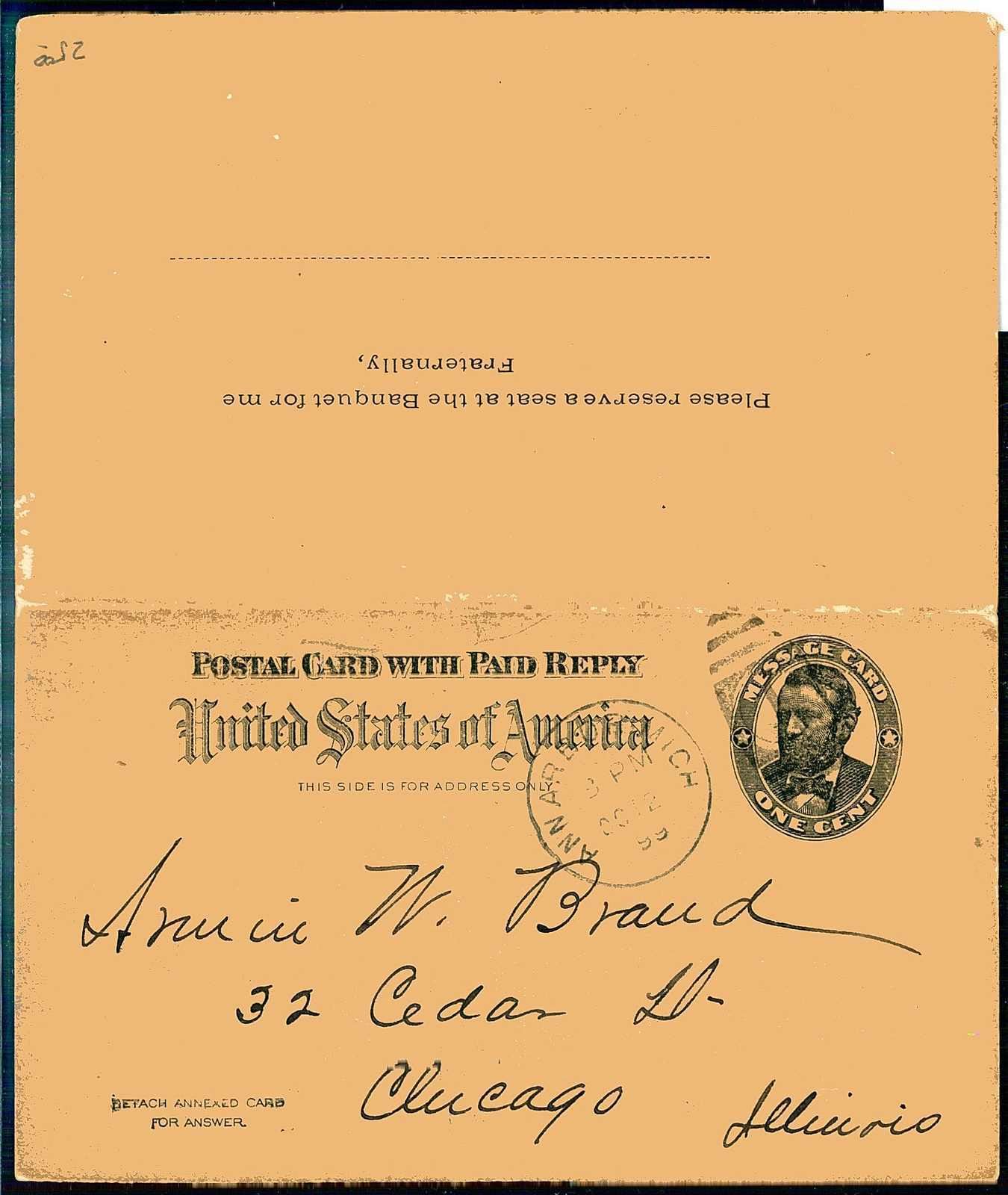 1999, privat postal card with paid reply Ann Arbor, Mich. to Virgil ...