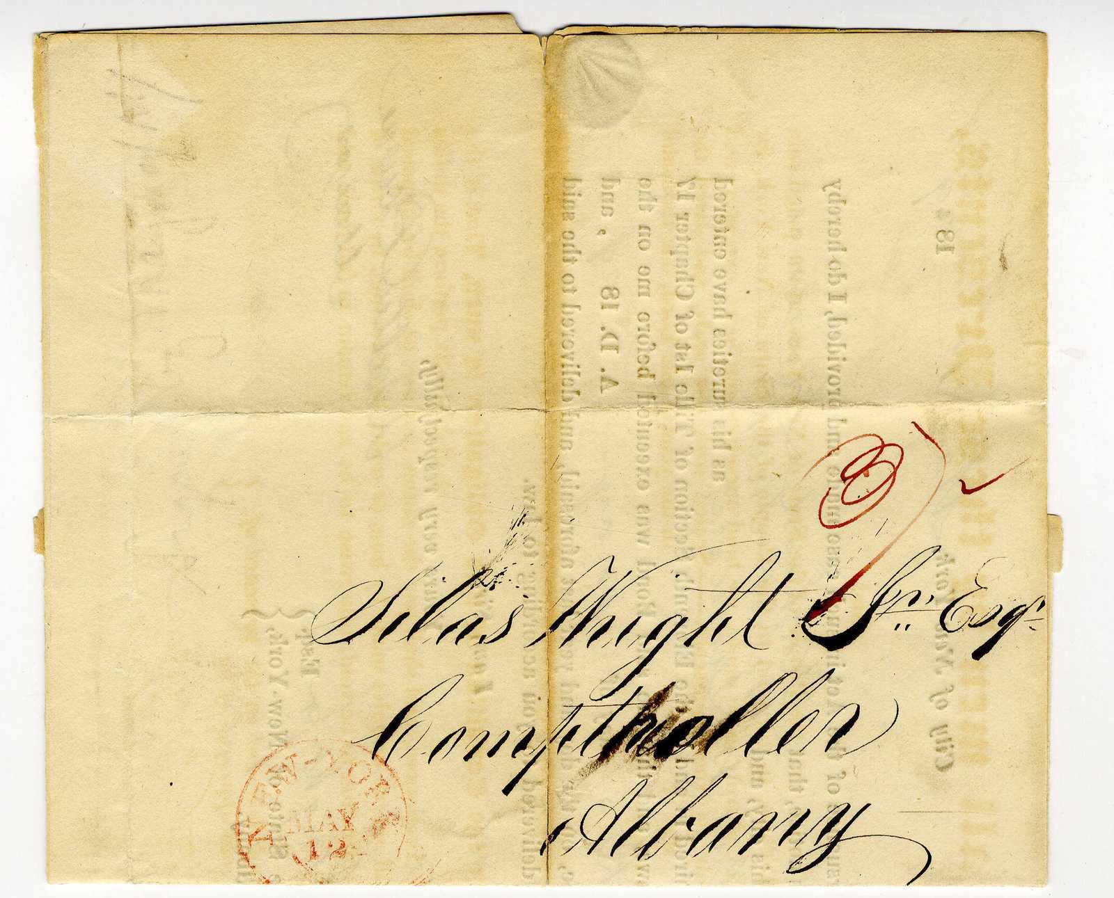 1829, printed form letter from New York City to Albany N. Y., written ...