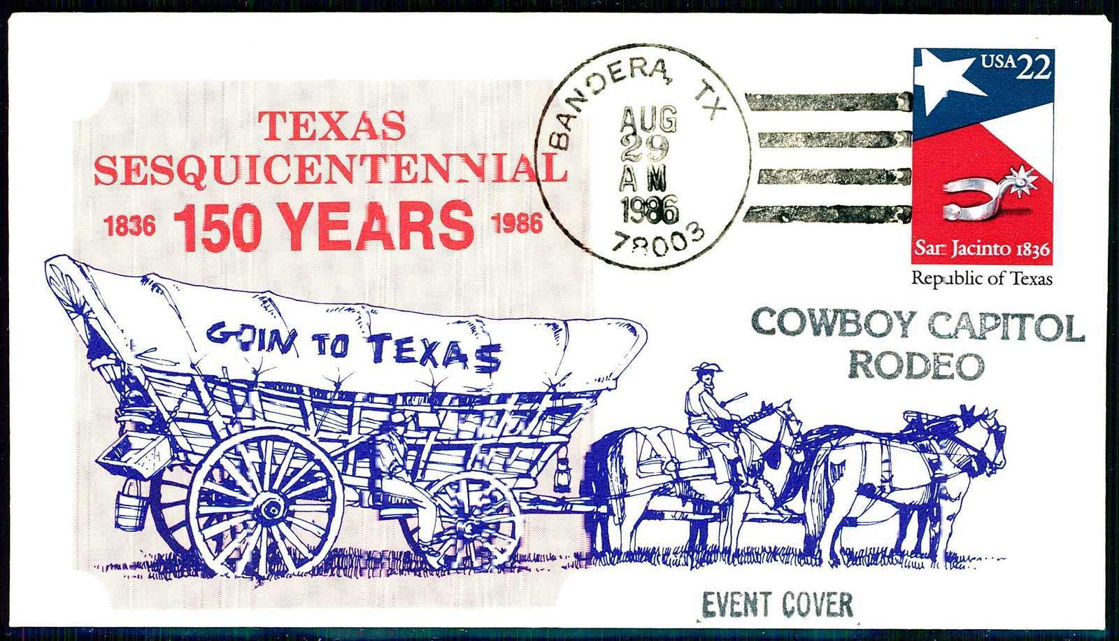 1986, illustrated event cover Texas Sesquicentennial Cowboy Capitol ...