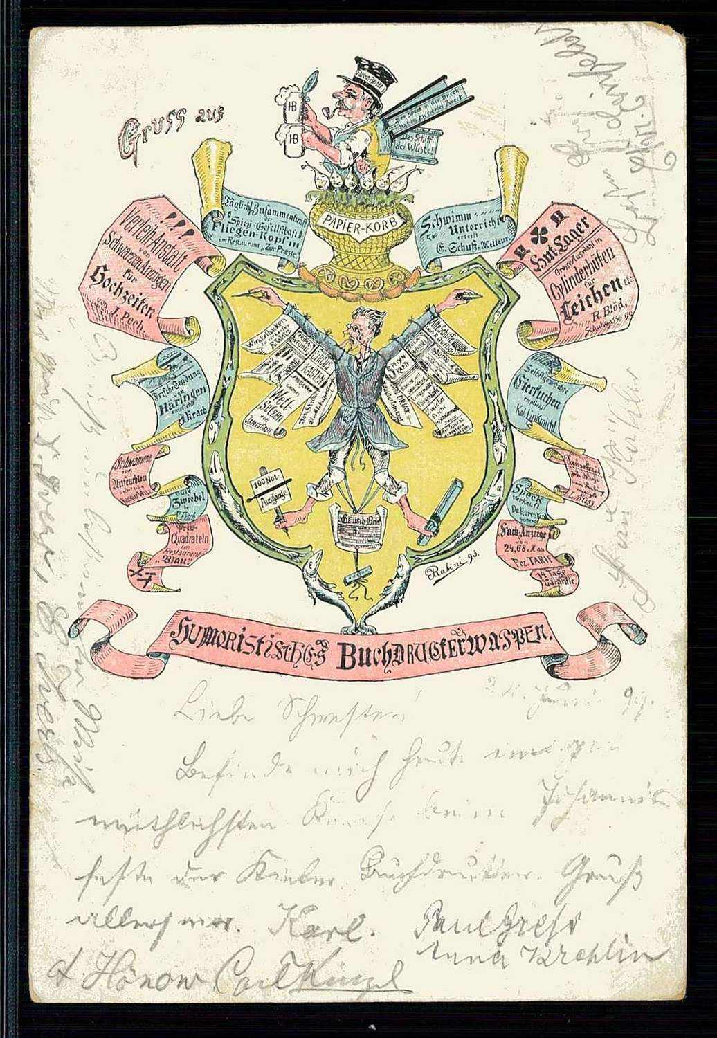 Humor/Erinnerungskarte 'Humoristisches Buchdruckerwappen', mit vielen ...