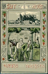 Mehrfarbige Grußkarte mit Keglern-Gutholz, gelaufen, Erhaltung siehe ...