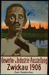 Gewerbe- und Industrie-Ausstellung Zwickau 1906, Arbeiter mit Hammer ...