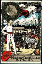 XII. Deutsches Turnfest Leipzig Juli 1913, mehrfarbiges Pracht-Litho ...