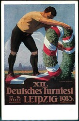XII. Deutsches Turnfest Leipzig 1913, mehrfarbige Erinnerungskarte Nr ...