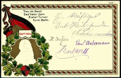 Herrl. mehrfarbige Prägedruck-Karte der Turner, mit Turnvater Jahn, ...