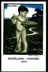 München, Malerei-Ausstellung 1908, Ausstellungskarte mit malenden ...