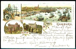 Litho-Karte, Gruß aus Hamburg mit diversen Ansichten, u. a. Hafen, ...