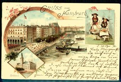 Litho-Karte, Gruß aus Hamburg, Alter Jungfernstieg, Rathaus usw., ...