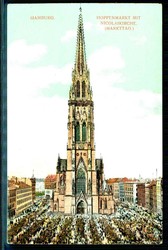 Mehrfarbige Karte, Hamburg-Hopfenmarkt mit Nikolaikirche am Markttag, ...