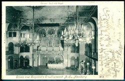 s/w.-Karte, Gruß aus Sagebiels Etablissement, großer Saal mit Orgel ...