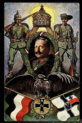 AK Infanterist und Kolonialkämpfer mit gekröntem Kaiserbildnis und ...