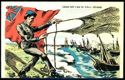 Mehrfarbige Propagandakarte gegen Deutschland, engl. Soldat mit ...