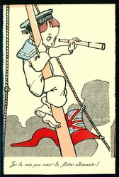 Propagandakarte gegen die Deutsche Marine, brit. Kind mit Fernrohr ...