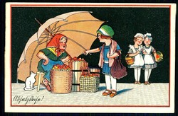 Humor-Karte, Kinder beim Einkaufen auf dem Markt, gelaufen August ...