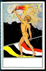 Patriotische Kunst-Karte, nackter Fackelläufer mit Fahne, um 1900, ...