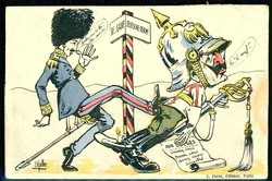 Antideutsche Propagandakarte, König Wilhelm II. wird über die ...