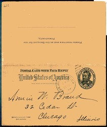 1999, privat postal card with paid reply Ann Arbor, Mich. to Virgil ...