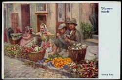 Kunst-Karte 'Blumenmarkt', Kinder bei der Arbeit, um 1920, ...