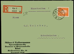 45 Pf. Ebert als portogerechte EF auf R.-Brief aus Kiel nach ...