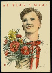 Propagandakarte zum 1. Mai, um 1950, ungebraucht, leicht fleckig.