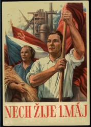 Propagandakarte um 1953 zum 1. Mai (Tag der Arbeit), mit Sowjet-Fahne ...