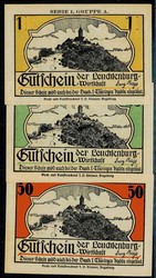 Drei Notgeldscheine für die Leuchtenburg-Wirtschaft in Thüringen, ...