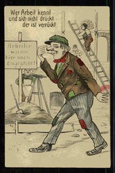 Humorkarte mit einem Faulenzer vor einer Baustelle, gelaufen ...