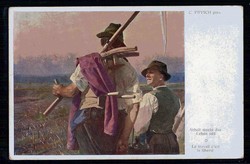 Gemälde-Karte 'Arbeit macht das Leben süß', mit Bauern und Sense, ...