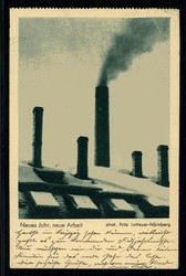 Neujahrs-Glückwunschkarte mit rauchenden Schornsteinen, gelaufen ...