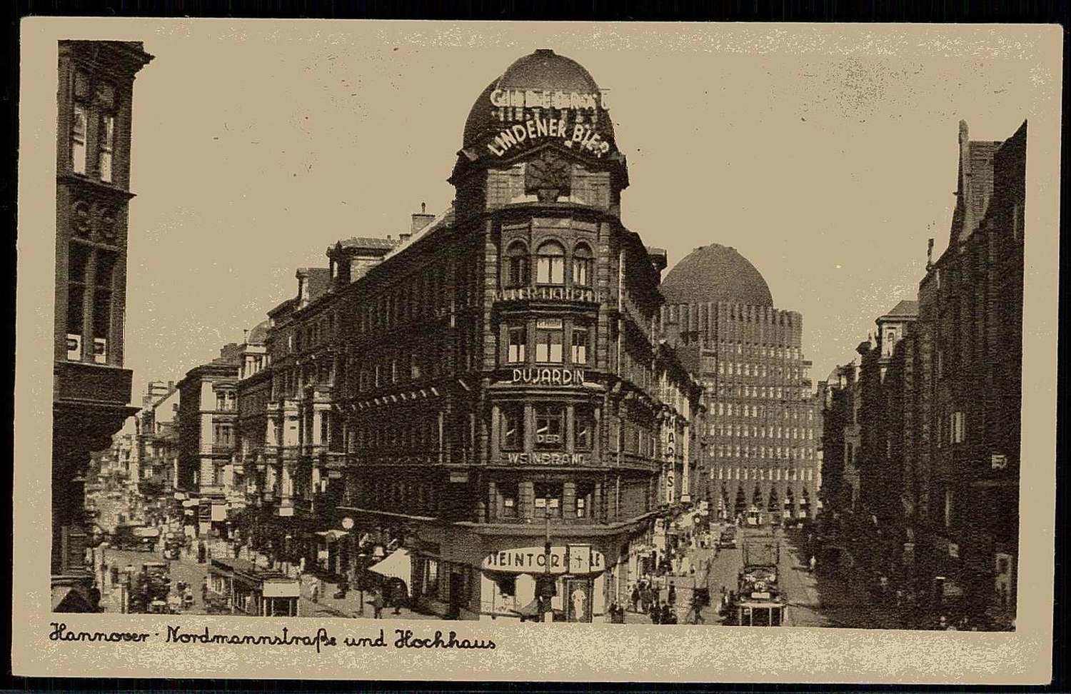 Hannover - Nordmannstraße und Hochhaus mit Lindener-Bier-Werbung und ...
