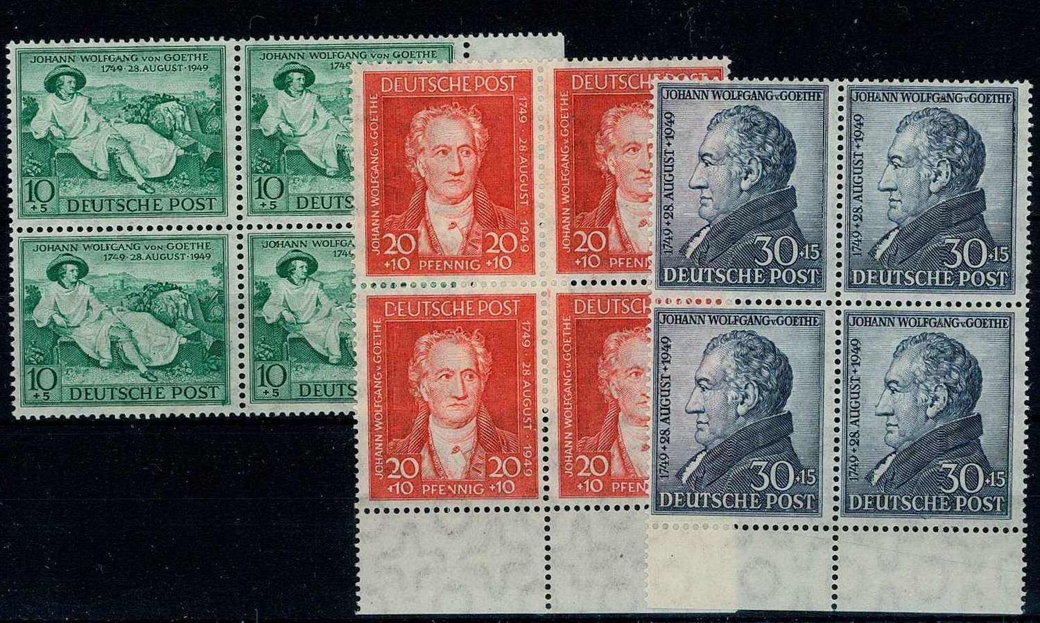 Goethe-Satz 1949, jew. hübsch im im Viererblock vom Rand, gute ...