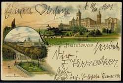 Lithokarte 'Gruß aus Hannover' mit Ansicht der Herrenhäuser Allee ...