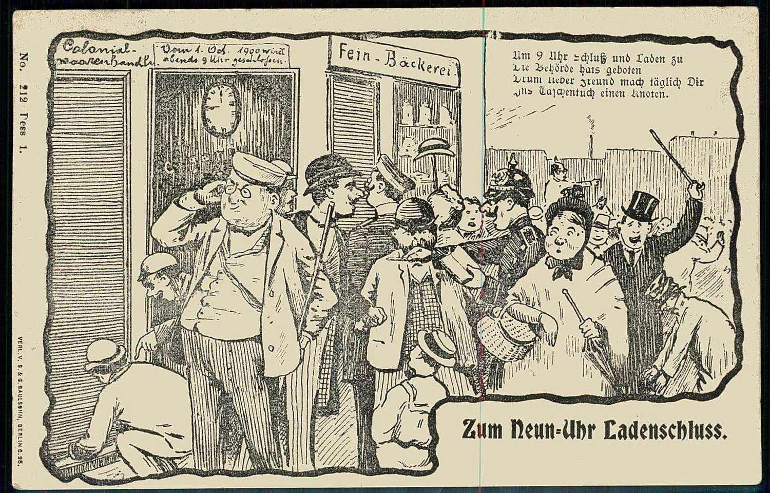 Karikatur-Karte gegen den Ladenschluss um 9 Uhr, gelaufen im Oktober ...